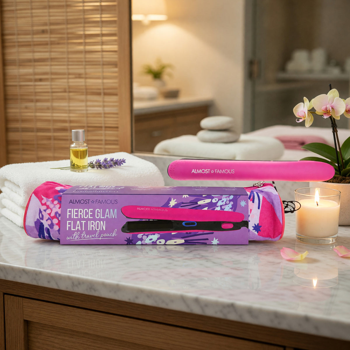 Fierce Glam by Almost Famous, Flat Iron With Travel Pouch - Pink