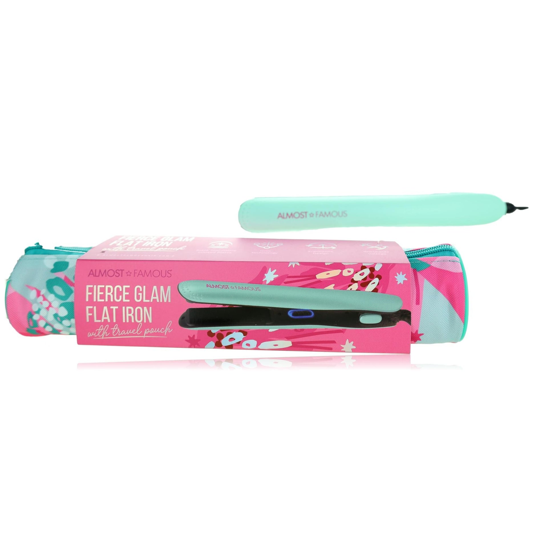Fierce Glam by Almost Famous, Flat Iron With Travel Pouch -Turquoise 