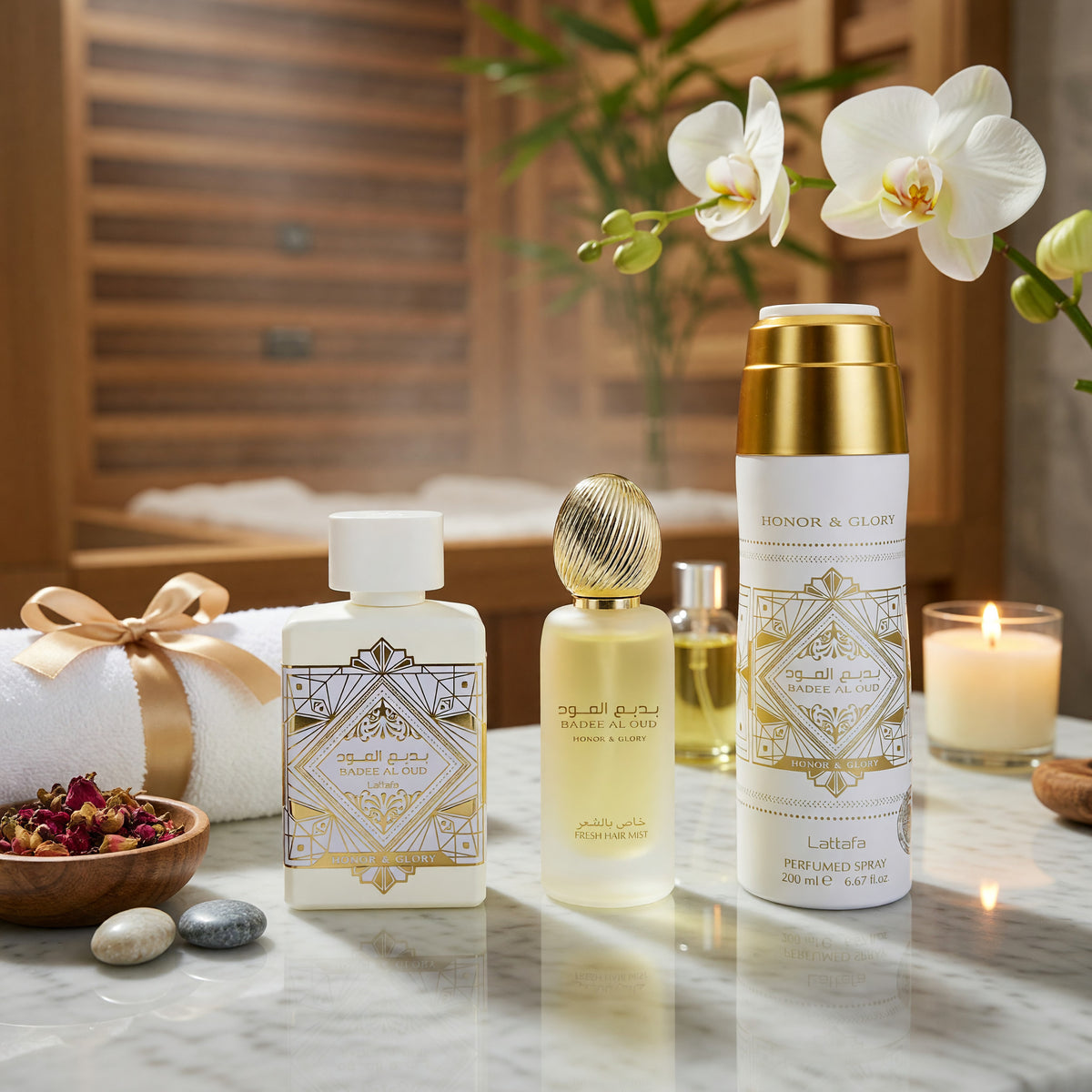 Bade'e Al Oud Honor & Glory by Lattafa, 3 Piece Gift Set for Unisex