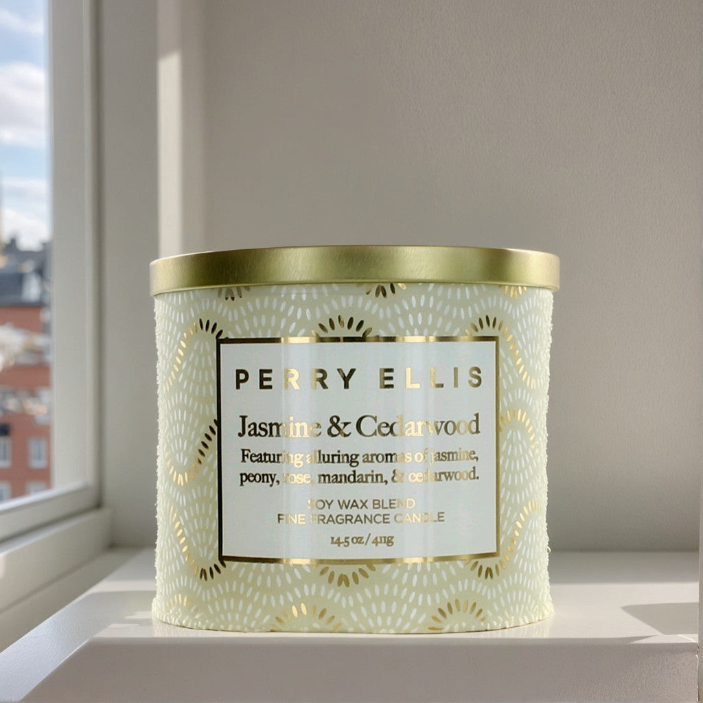 Perry Ellis 14.5 oz Soy Wax Blend 3 Wick Candle - Jasmine & Cedarwood