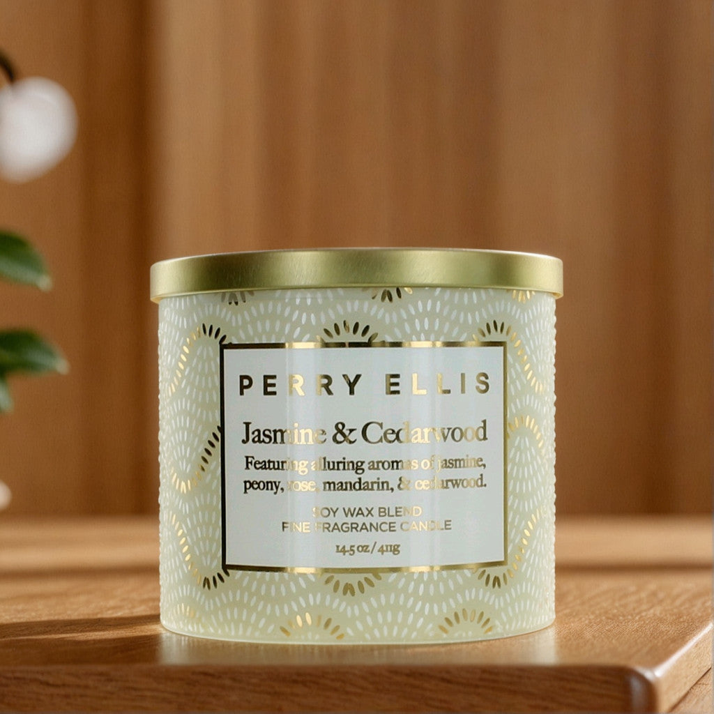Perry Ellis 14.5 oz Soy Wax Blend 3 Wick Candle - Jasmine & Cedarwood