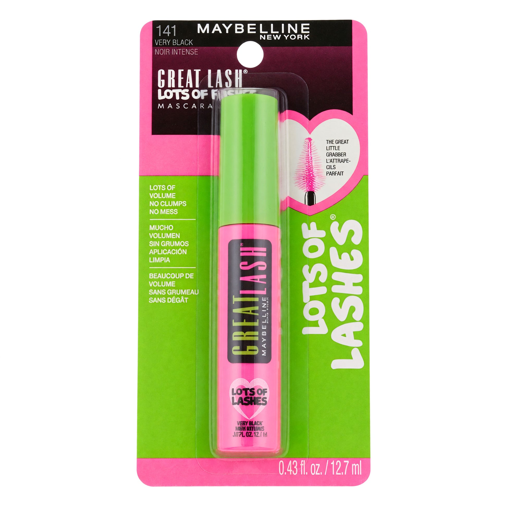 Great Lash Lots of Lashes by Maybelline, 0.43 oz Washable Mascara - 141 Very Black