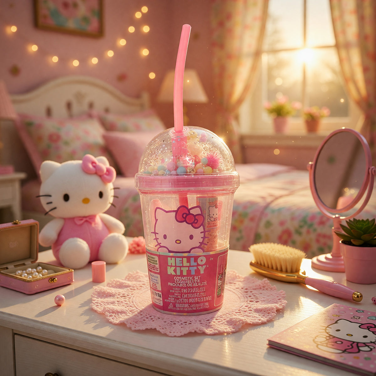 Hello Kitty Cosmetics Tumbler by Sanrio, 5 Piece Lip & Nail Set for Kids