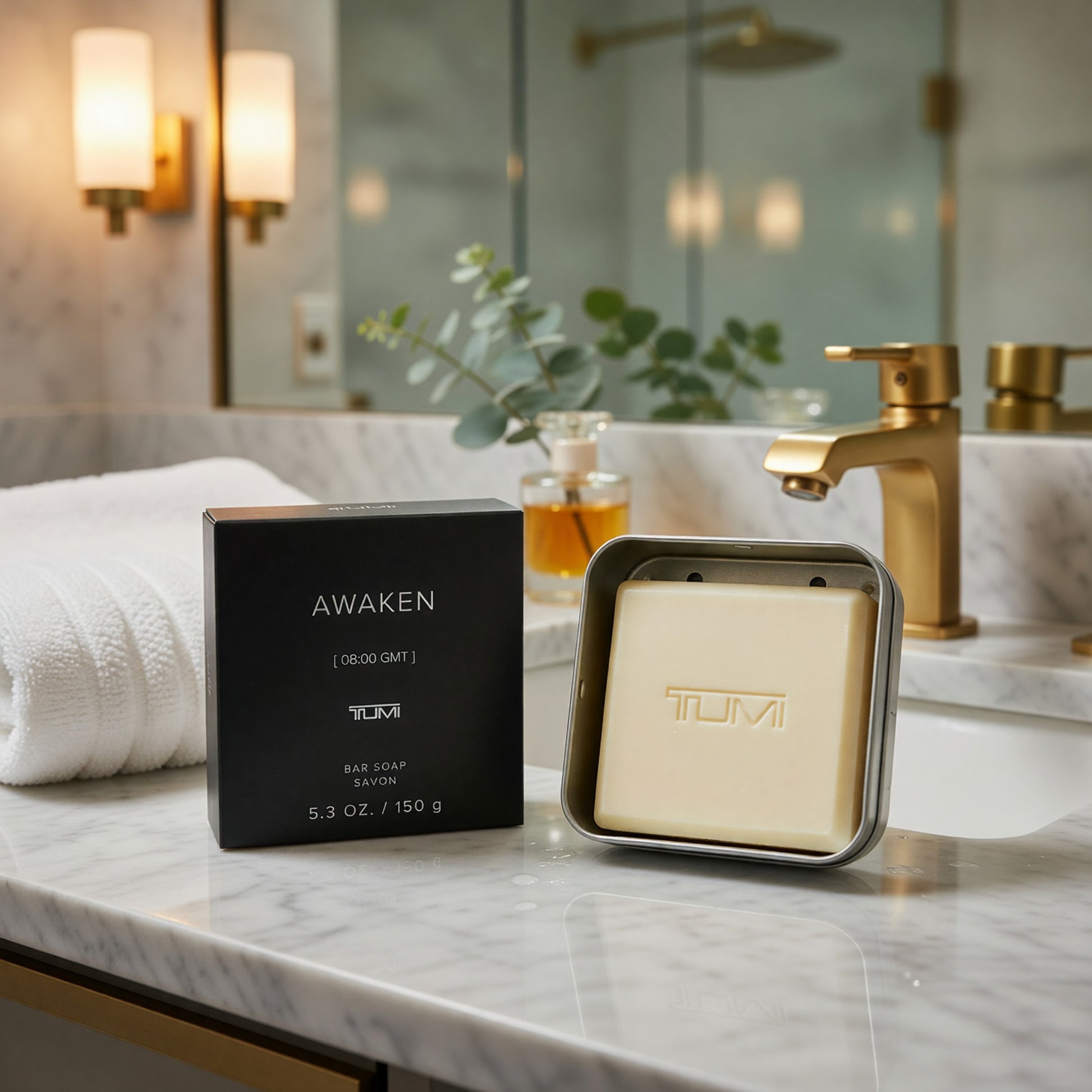 Awaken [08:00 GMT] by Tumi, 5.3oz Bar Soap men with Aluminum Case.
